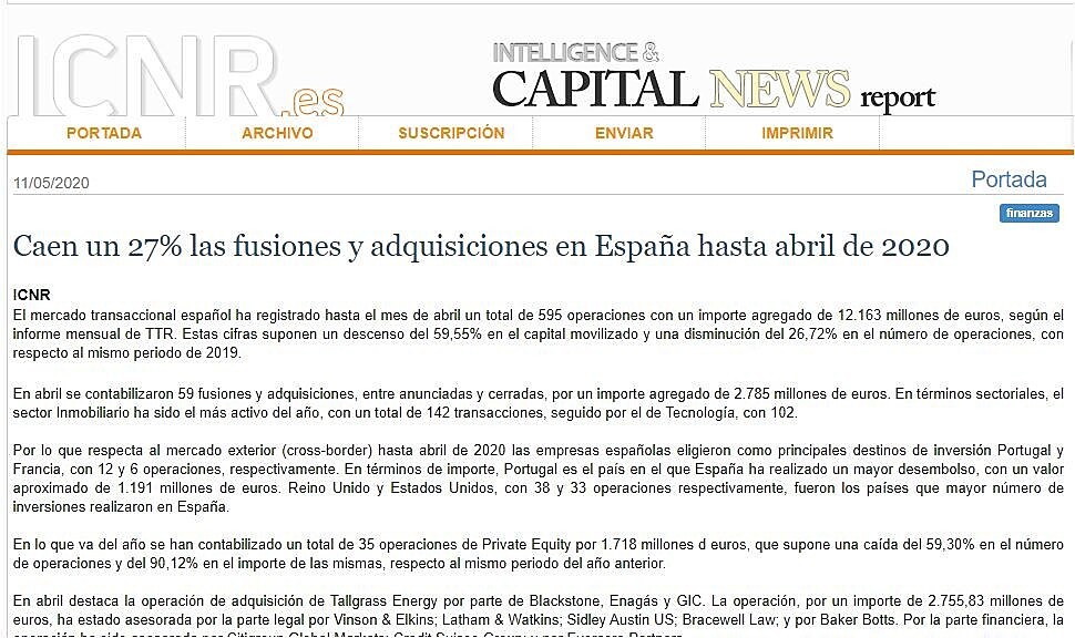 Caen un 27% las fusiones y adquisiciones en Espaa hasta abril de 2020